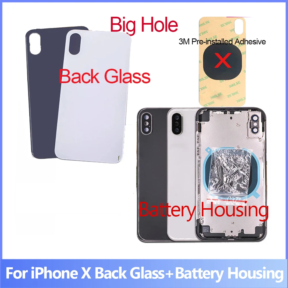 Back Glass For iphone X Battery Back Cover Rear Door Middle Chassis Frame + SIM Tray Side Key Parts Housing No Flex Cable