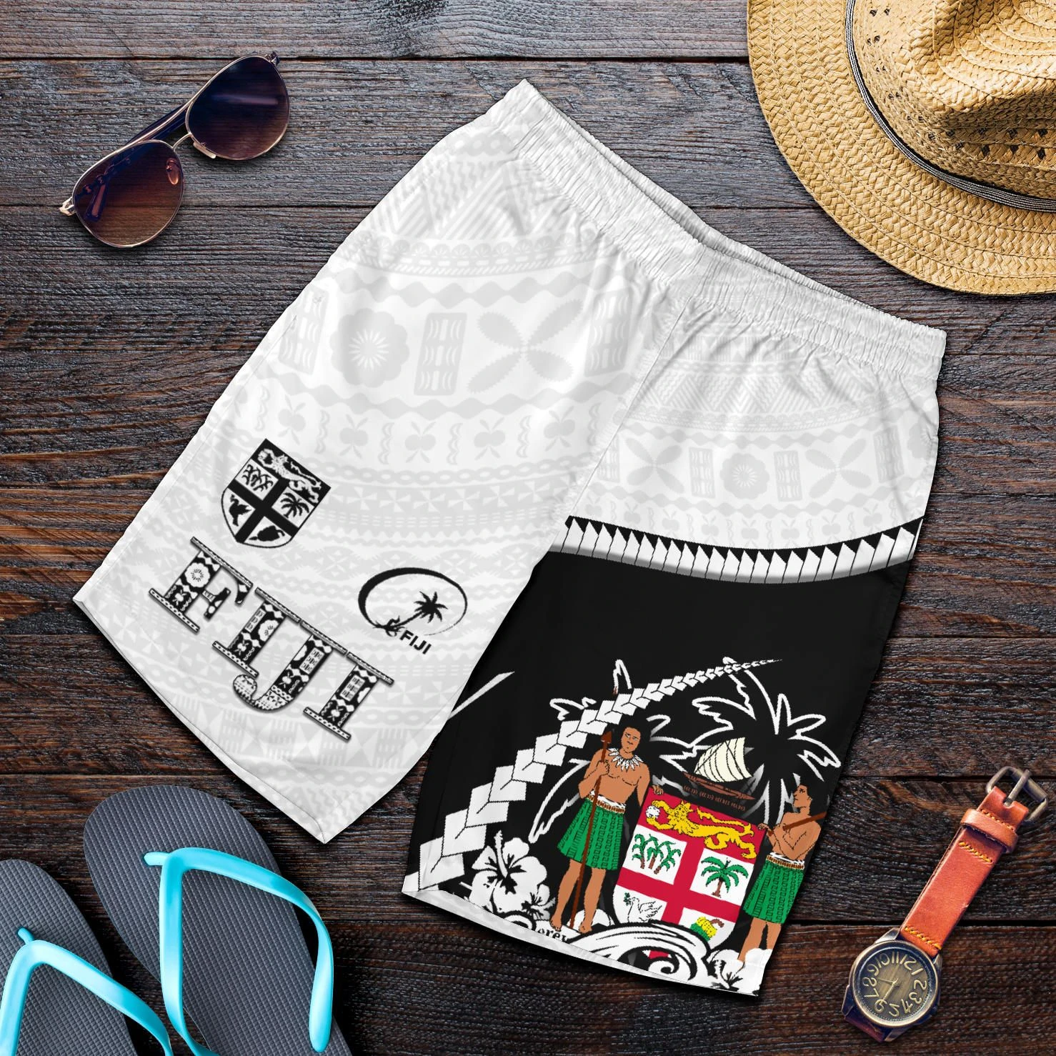 

Fiji Flag Graphic Beach Shorts For Men FIJI 3D Printed Board Shorts Summer Casual Vacation Short Pants Loose Surf Swim Trunks