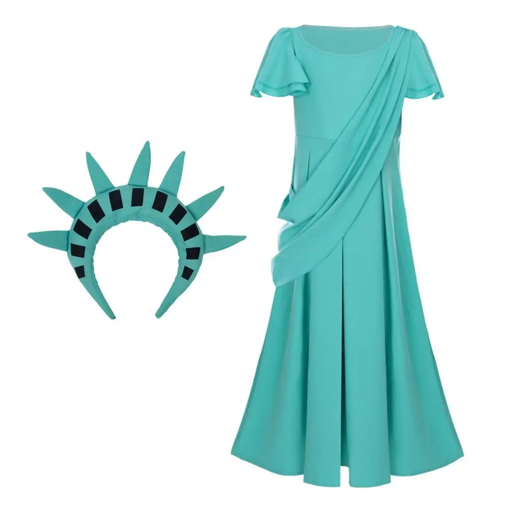 Statue of Liberty Dress for Kids Adults, Halloween Roman Cosplay Accessory with Tiara Soft Polyester Layered Pleated Dress