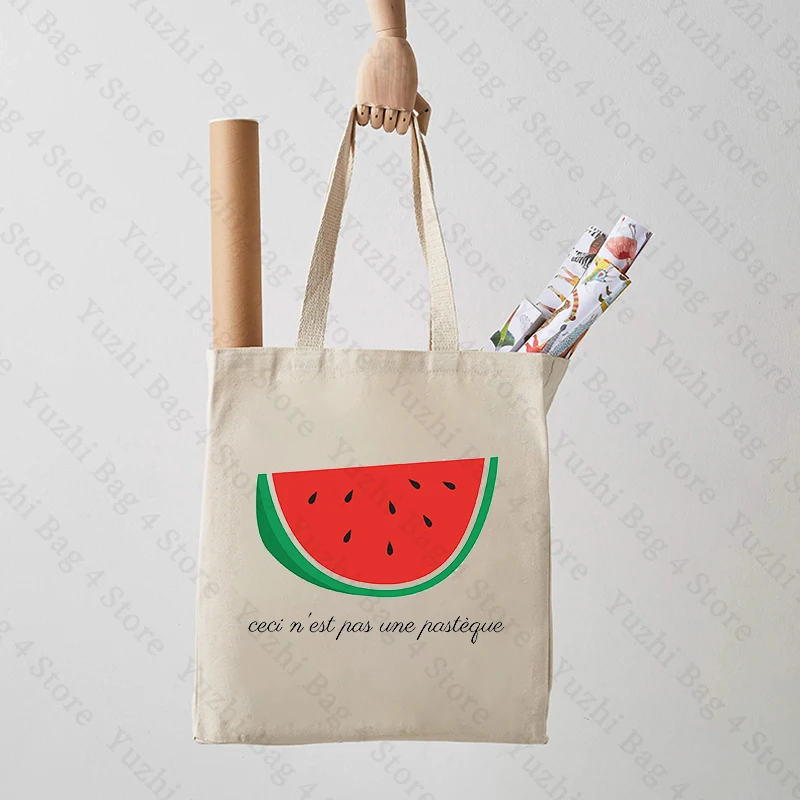 This Is Not A Watermelon Magritte Parody Watermelon Pattern Canvas Tote Bag Against War Women's Peace Reusable Shopping Bag