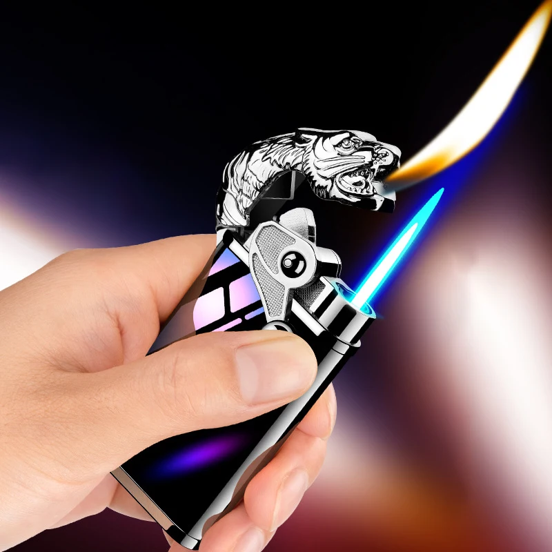 

New Metal Outdoor Windproof Butane Gas Lighter Alligator Tiger Double Flame Conversion Torch Turbine Jet Lighter Men's Gift