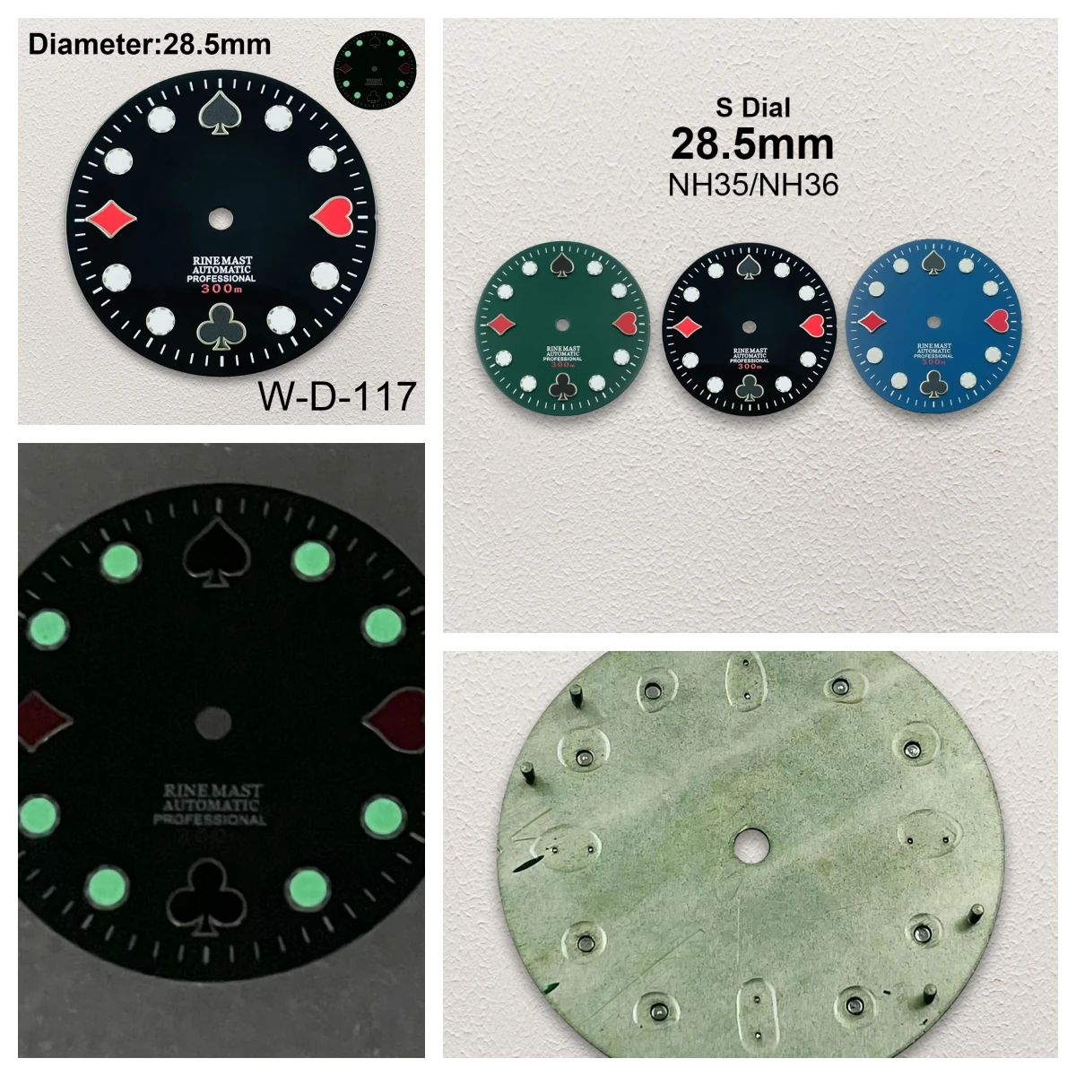 

28.5mm S Logo Poker Dial Fit NH35/NH36/4R/7S Japanese Movement Green Luminous High-Quality Dial Watch Modification Accessories