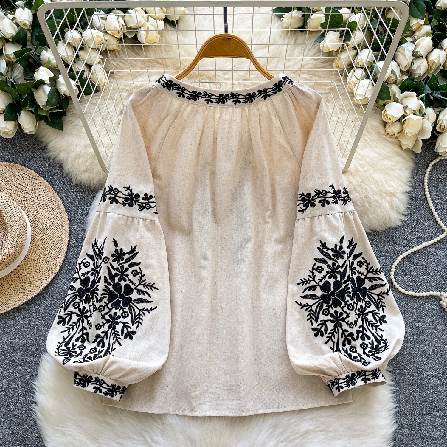 chic vintage Embroidered loose long sleeve korean fashion blouse Female autumn women clothing