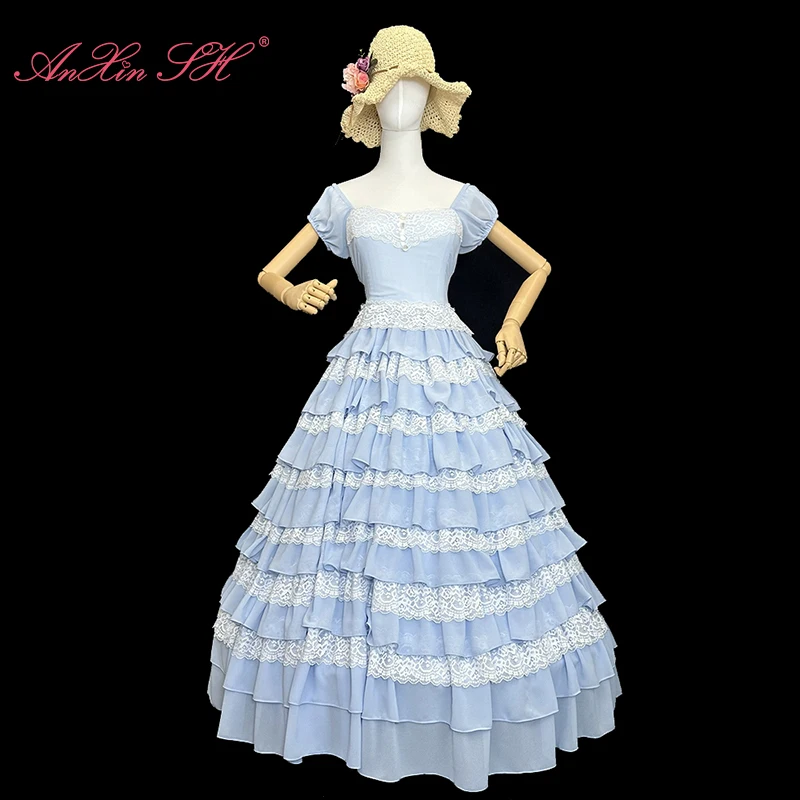 AnXin SH vintage princess blue chiffon white flower lace sweetheart short sleeve ruffles zipper a line customized evening dress