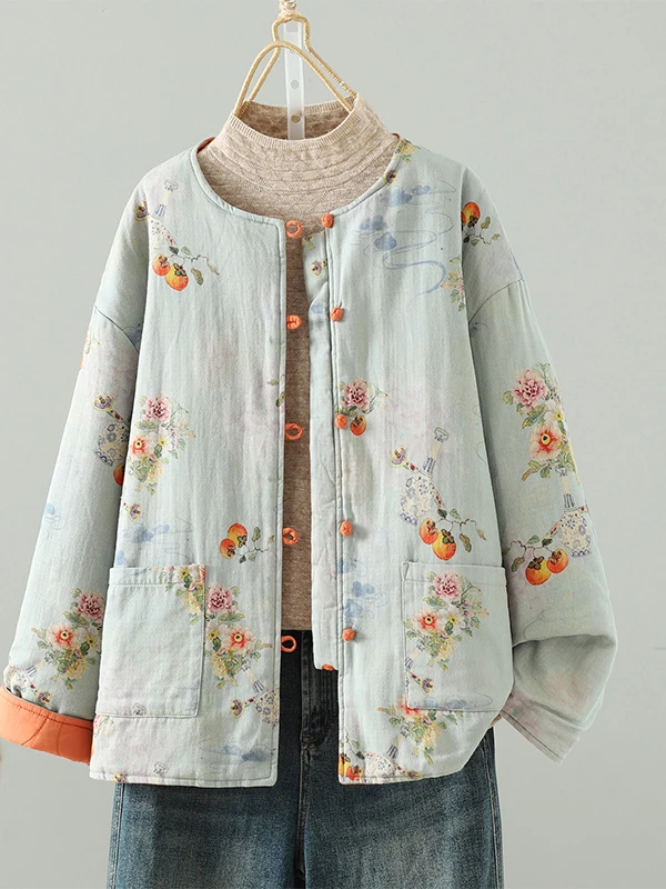 Authentic High-End Chinese Style Cotton Linen Jacket Loose round Neck Buttoned National Style Women's Commute Winter Coat