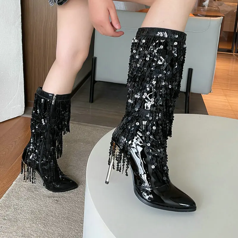 Bling Bling Wedding Shining Boots With Sequined Fringes Tassels Zip Up Pointed Toe Super Thin High Heels Mid-calf Women Boots