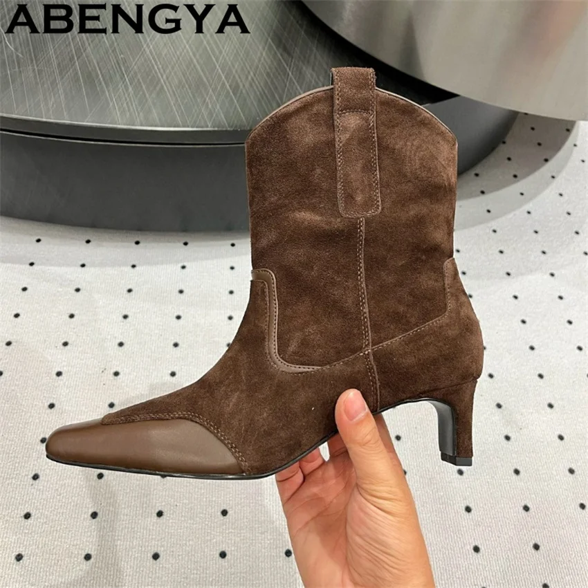 

ABENGYA Ботильоны из натуральной замши и котенка на каблуке, женские короткие ботинки «Челси» с острым носком, сексуальные тонкие модные ботинки, женские ботинки 2025