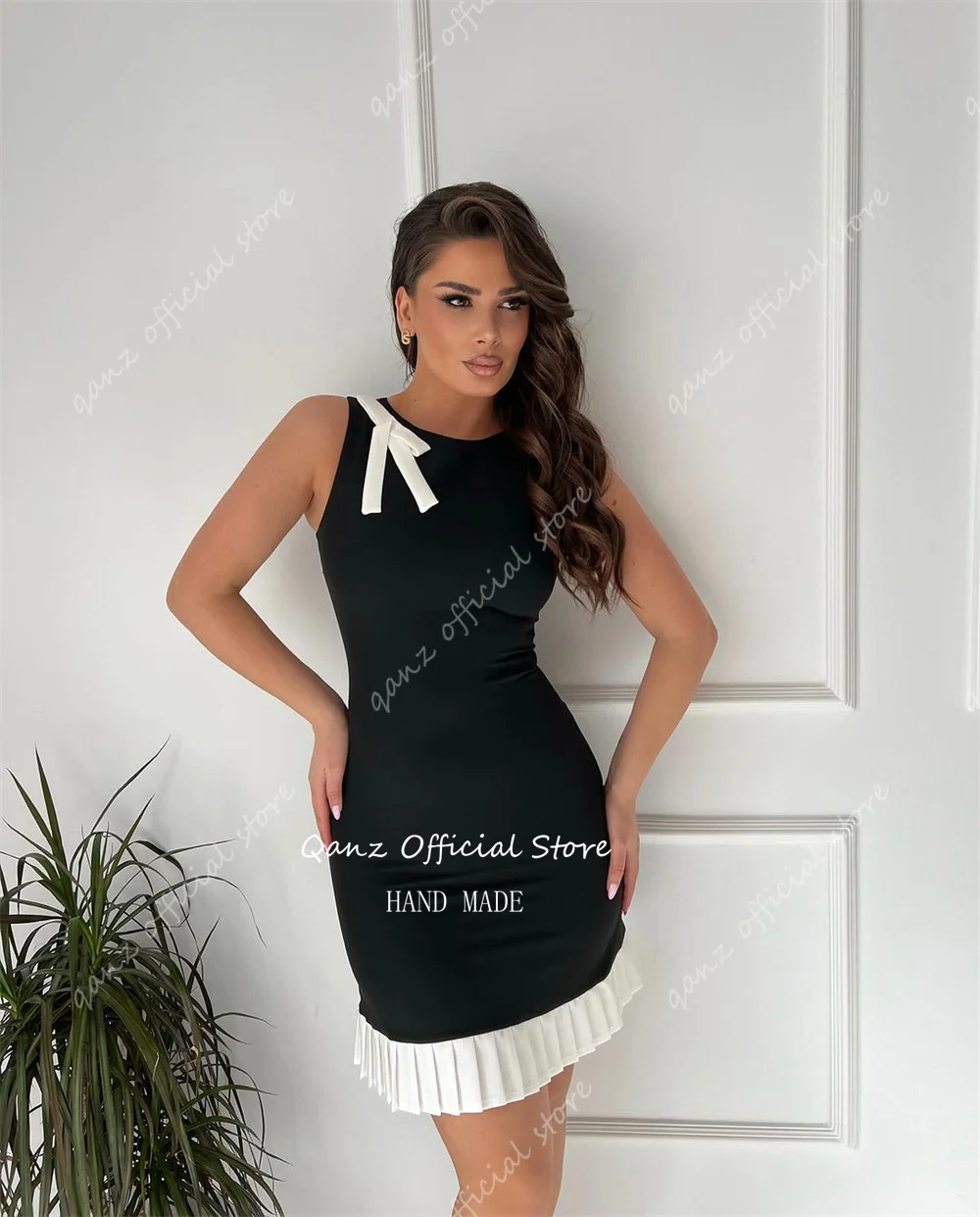 Qanz Modern O Neck Abiti da ballo Moda corta senza maniche sopra Kenn Raso nero Abiti da festa Elegantes Mujer Personalizzato