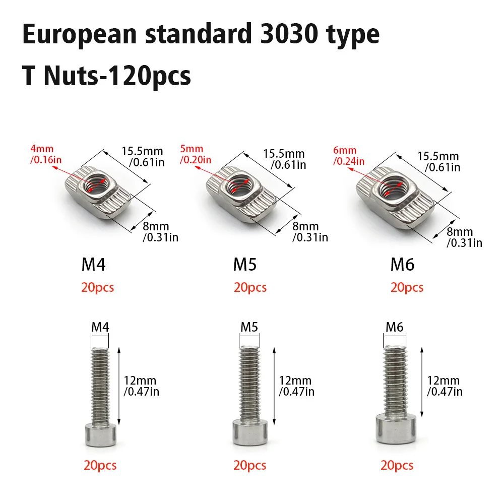 120-piece set of hex socket bolts and T-slot nuts, compatible with all 3030 series industrial aluminum profile assembly
