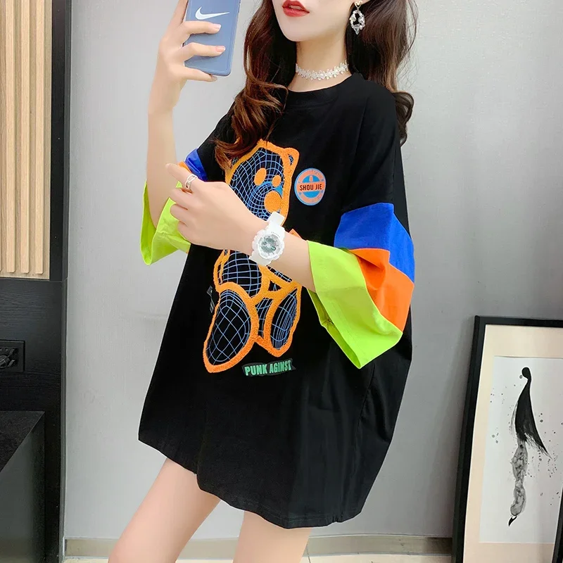 New Korean Version Mid-length Contrast Color Towel Embroidered Short-sleeved T-shirt Women Cartoon Bear Kawaii Clothes