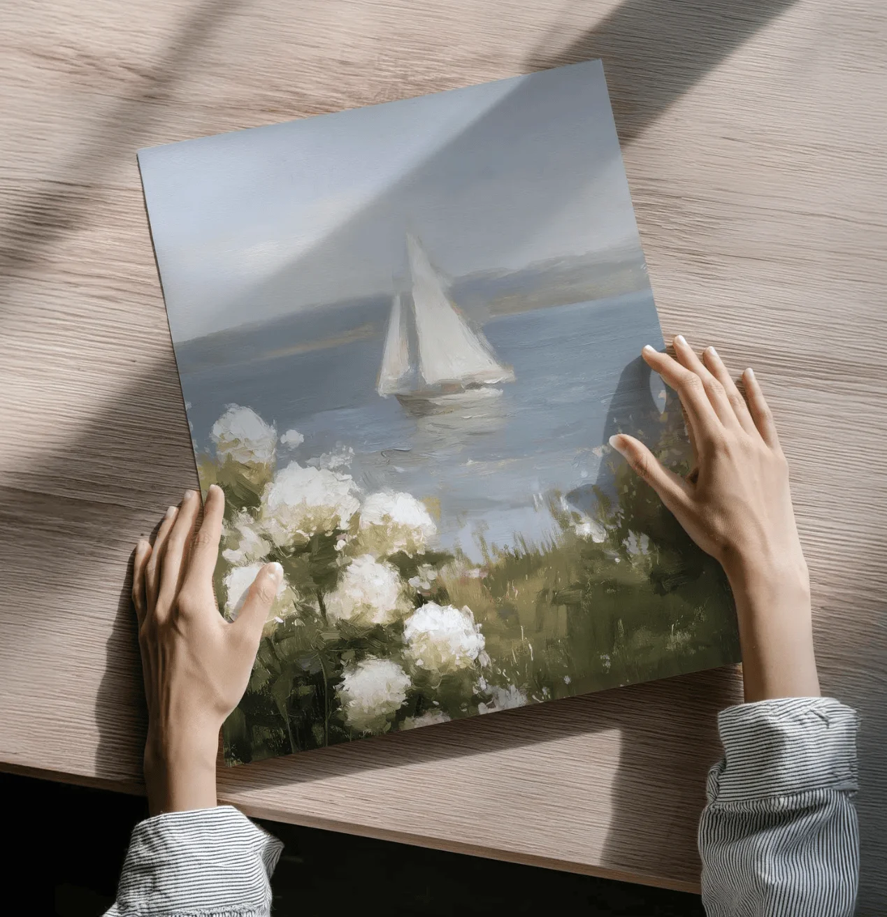 Soft White Hydrangea Lake Sailboat Canvas Wall Art Print, Coastal Scenery Poster Decor for Bedroom Living Room Beach House