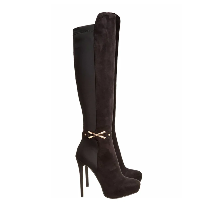 Metal Decoration Suede Knee High Boots Sexy Pointed Toe Patchwork Platfrom Stiletto Customized New Arrivlas Fashion Women Boots