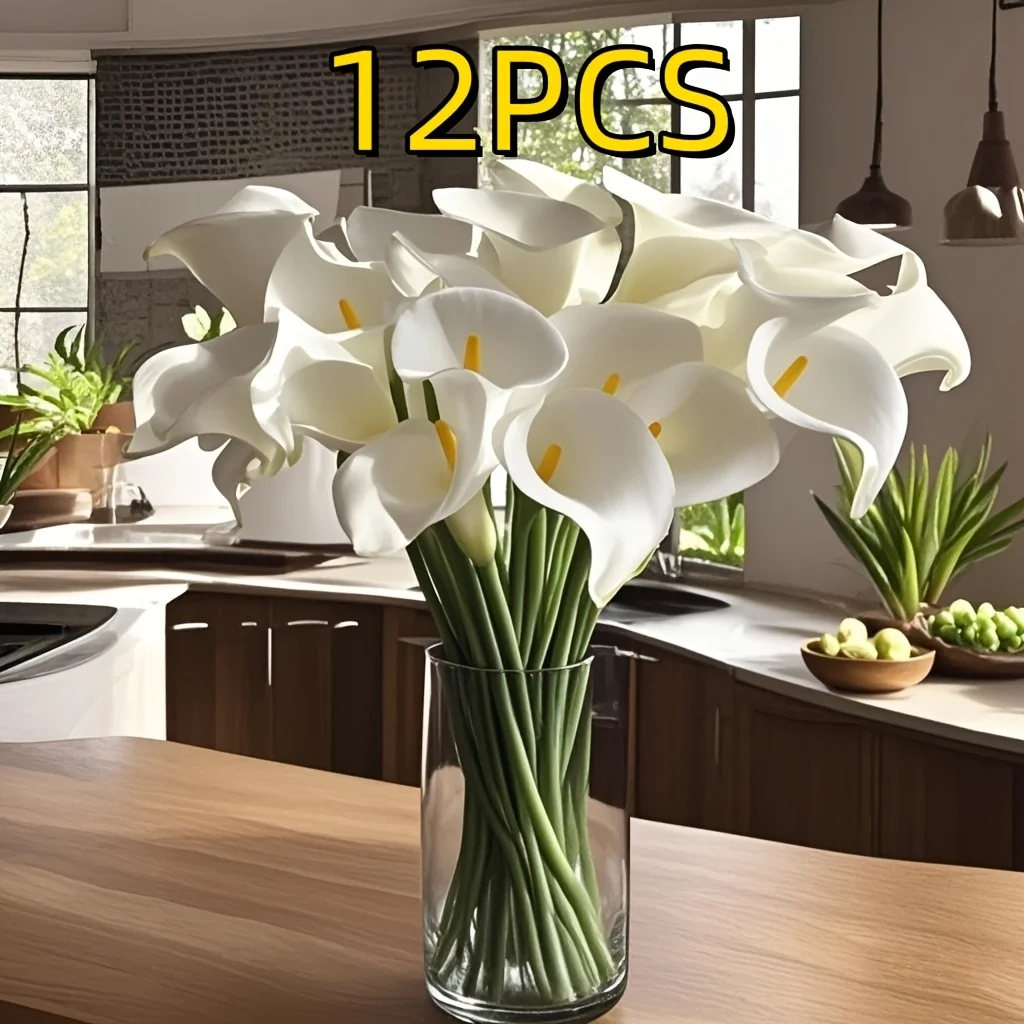 12pcs/set White Calla Lilies Artificial Flowers, PU Touch, Suitable For Weddings, Home And Office Decoration