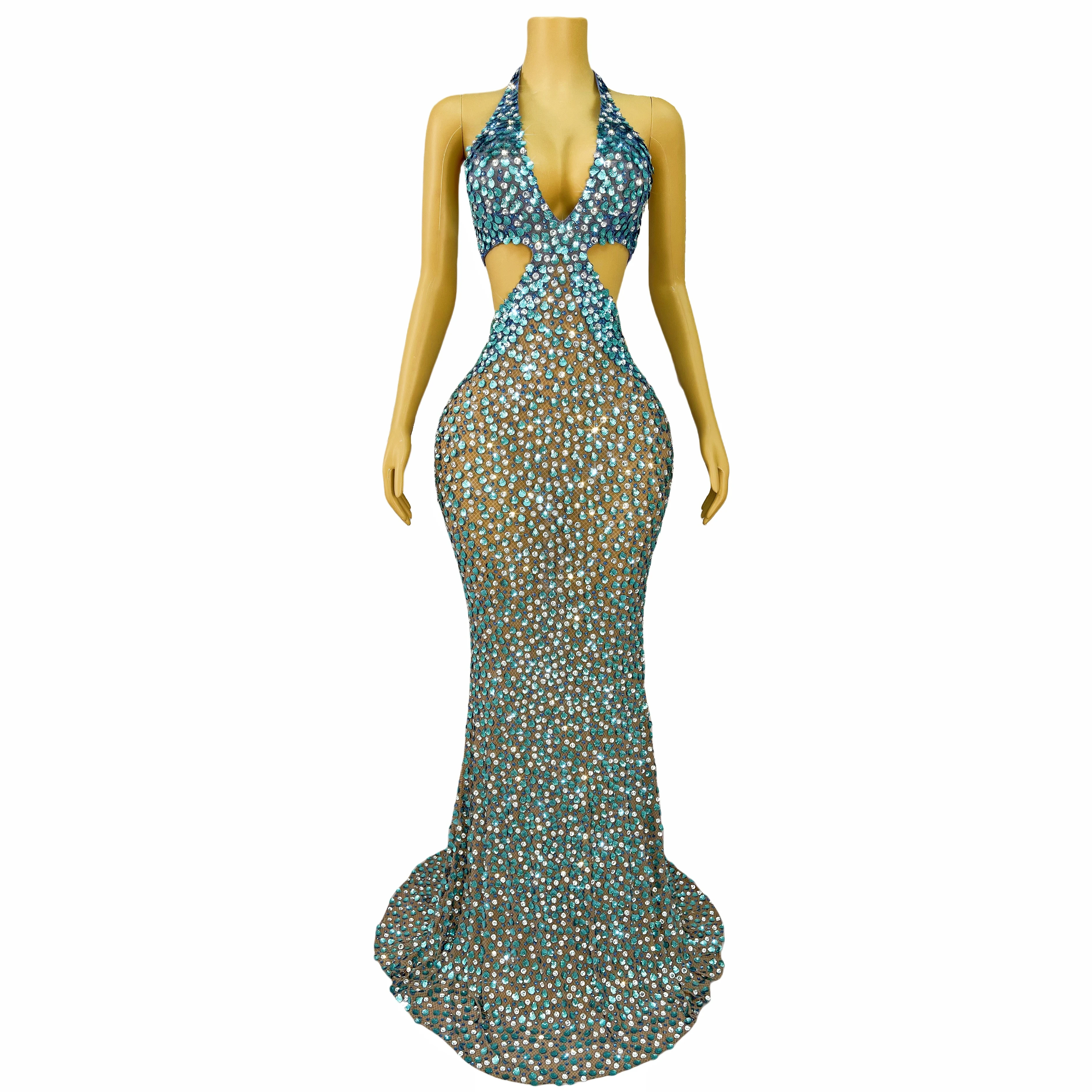 

High grade Elegant Evening Gown Sparkly Seashell sequins Rhinestones Sexy Hollow out Trailing dress Prom Party Costume Beiduofen