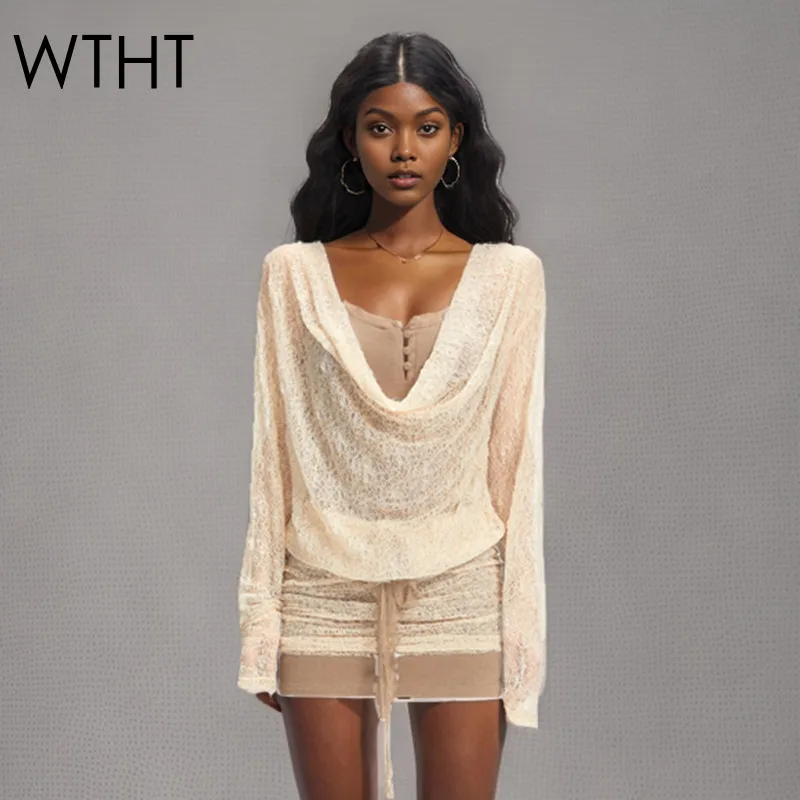 

WTHT Trendy Women's Wrinkled Lace Spliced Long Sleeves Dress 2025 Summer Fashion New Bandage Slim Dresses Female 1LS2121