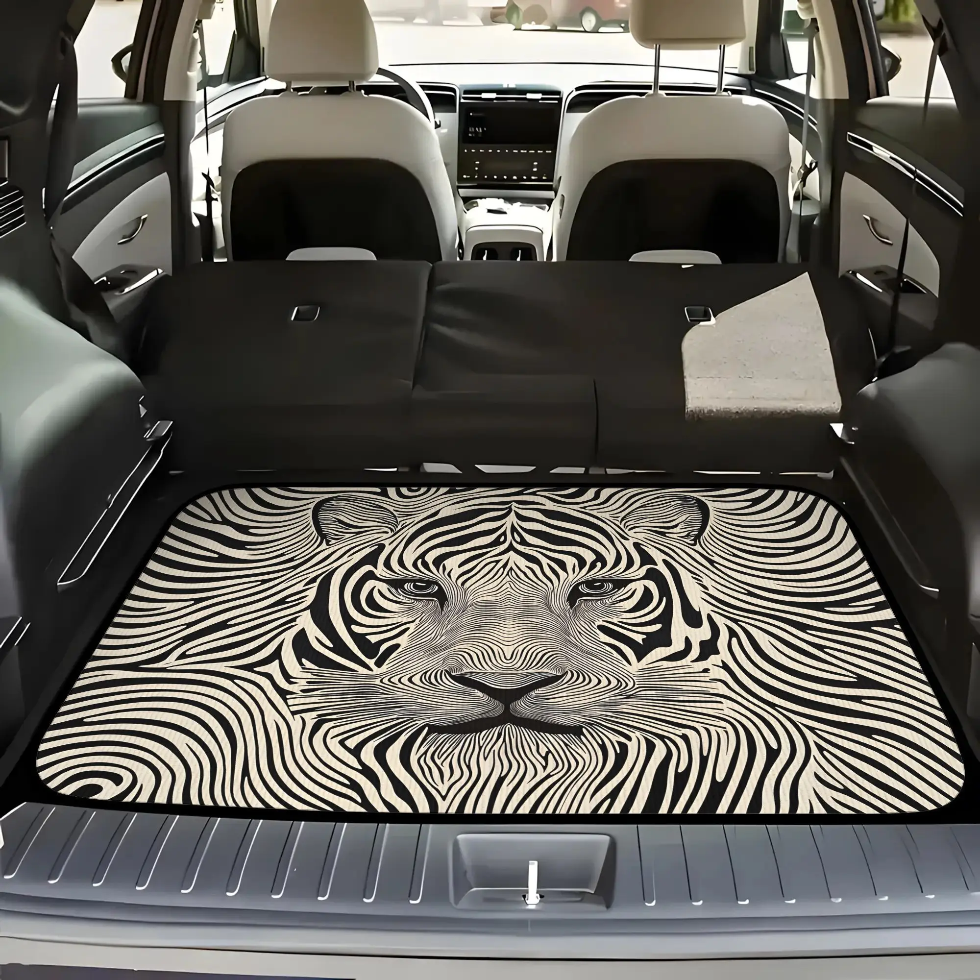 2D Plane 5pcs Single Line Tiger Print Car Floor Mat | Trunk Liner -5pcs Set (including 4 Floor Mats And 1 Trunk Liner) With Styl