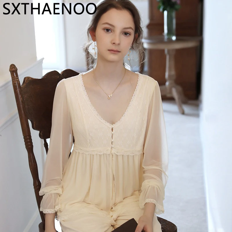 

SXTHAENOO New Spring Pajamas Mesh Loose Two-piece Set Women Long Sleeved V Neck Pyjamas Female Fashion Comfortable Home Chothes