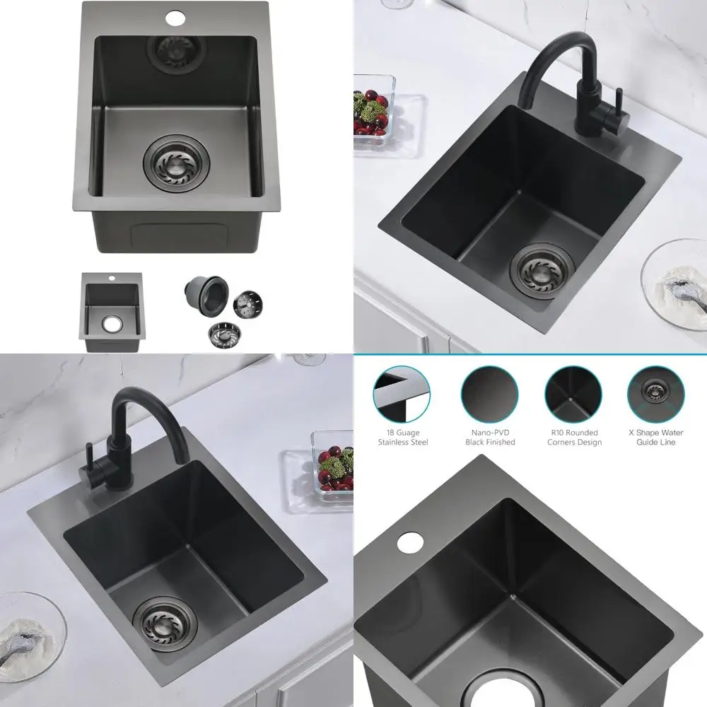 

Black 13 Topmount Kitchen Bar Sink - 15 x 8 T304 Stainless Steel Small Prep Sink for RV and Home Use