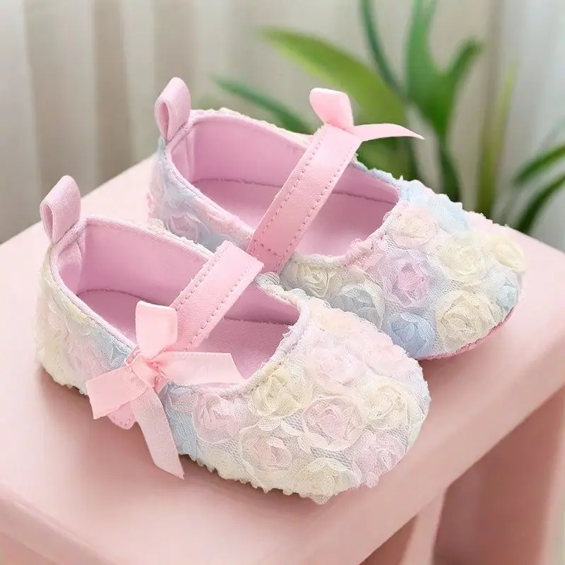 Cute Pink Lace Baby Girl Princess Shoes Baby Moccasins Moccs Shoes Bow Flower Cloth Soled Non-slip Footwear Crib Shoes 0-18M