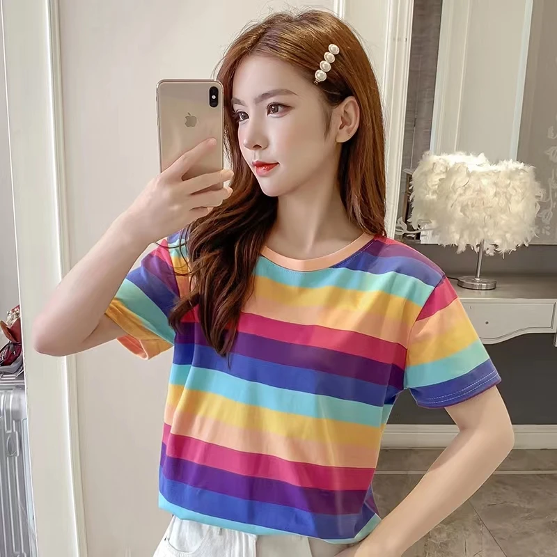 OUMEA Women Rainbow Striped Tees Short Sleeve Summer Casual Loose Beach Colorful Stripe Tshirt Korean Sweet Cropped Cotton Tees