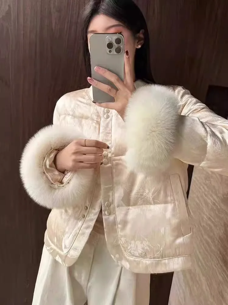 Pink New Chinese style down jacket 2025 winter cuffs fox fur loose jacquard round neck unique design white duck down jacket