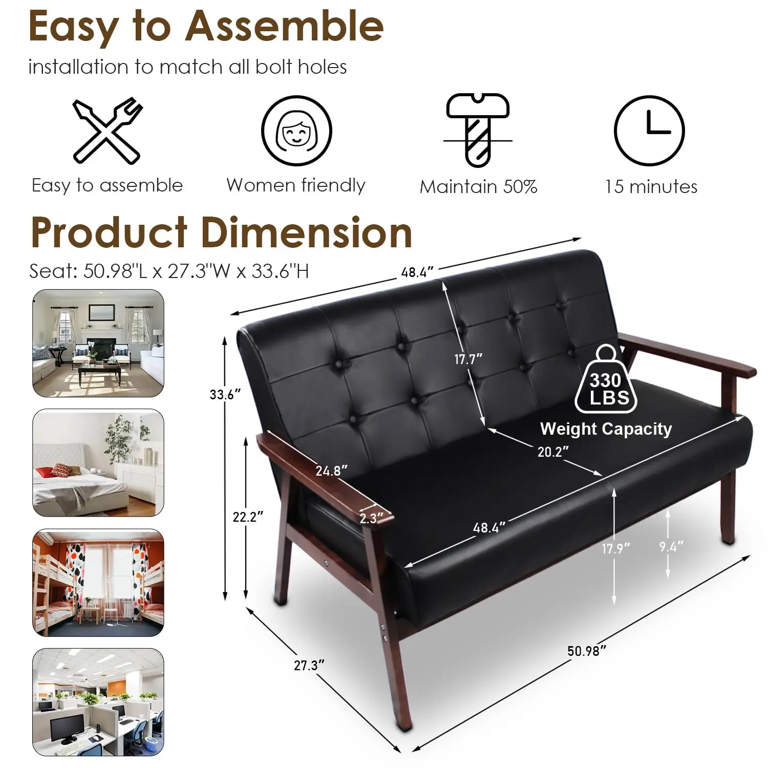 Black Small Leather Couch for Office, Booth Seating 2 Person Waiting Room Bench Couch, Mid Century Modern Loveseat Wood, Custom