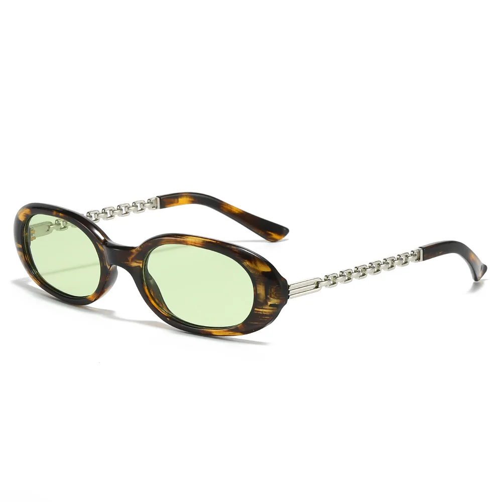 

2025 Retro Leopard Print Small Frame Oval Women Sunglasses Personality Brand Chain Temple Design Trendy Men Sun Glasses UV400