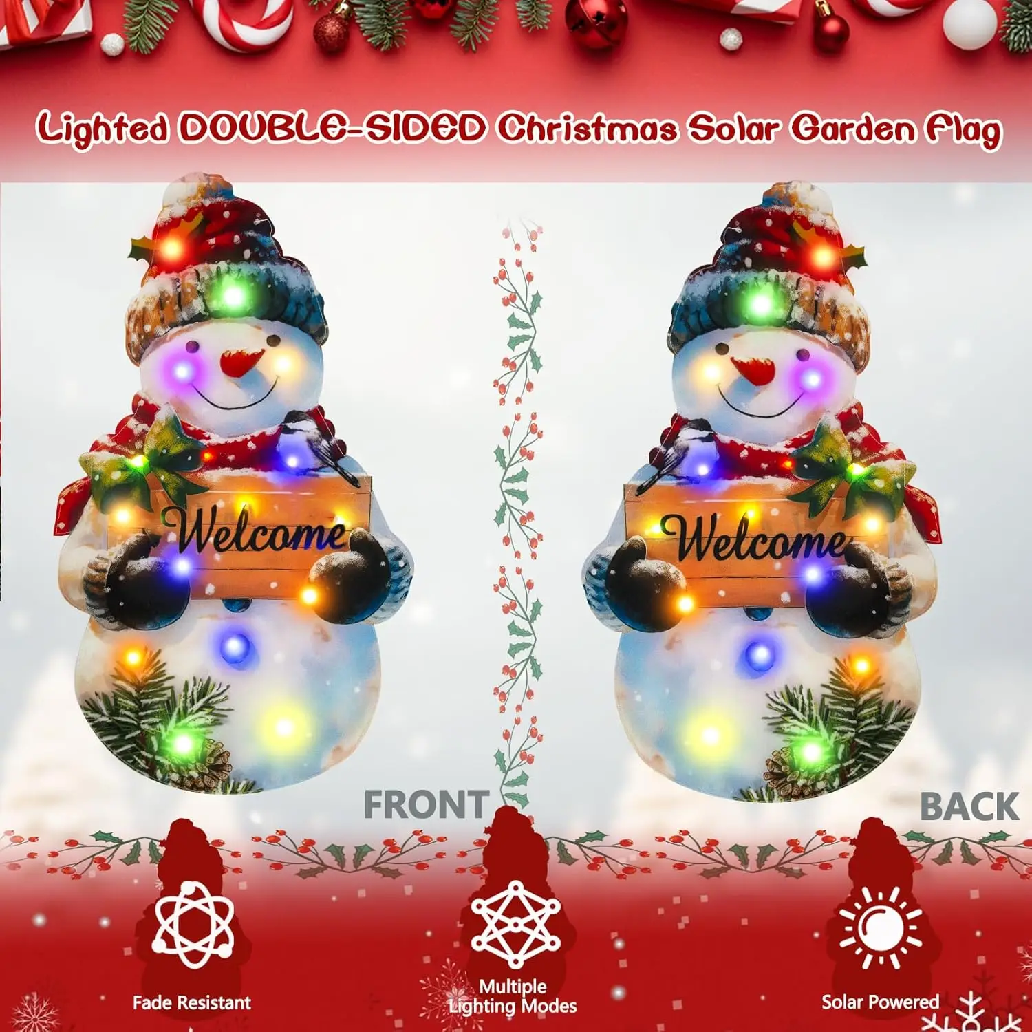Lighted Christmas Garden Flag 22x13, 8 Modes Double Sided Solar Christmas Decorations Outdoor LED Navidad Flag, Christmas Yard D