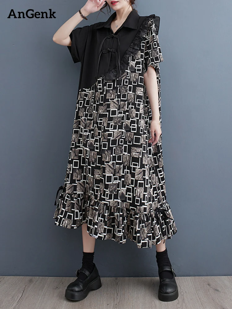 

Patchwork Irregular Vintage Print Dresses For Women New Short Sleeve Loose Casual Long Dress Fashion Elegant Clothes Summer 2023