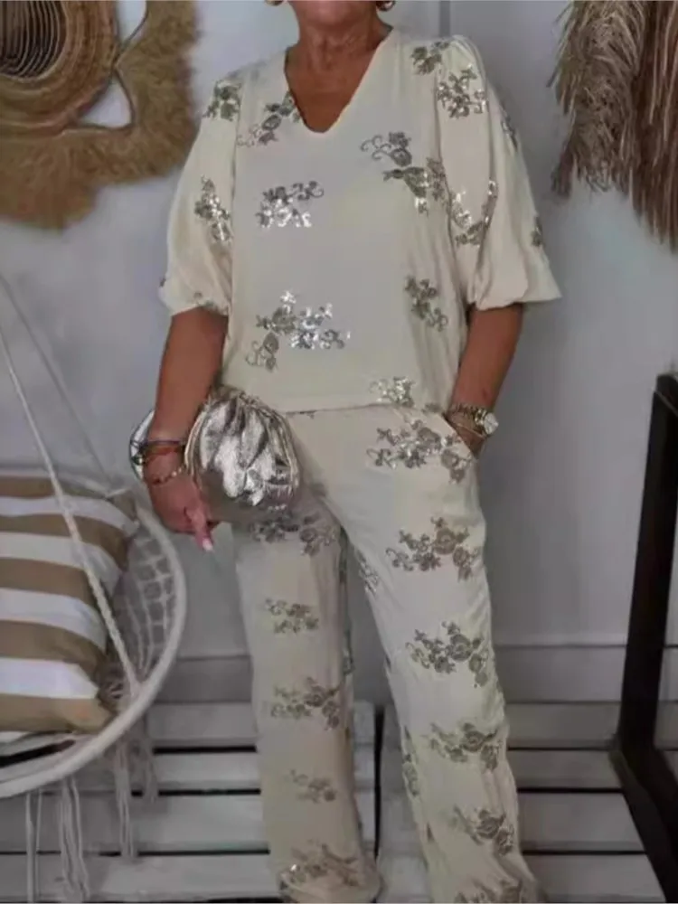 Spring Autumn Print Casual 3/4 Sleeve T-shirt Women\'s Clothing Fashion Pocket Elastic Waist Trousers Office Female 2 Piece Set