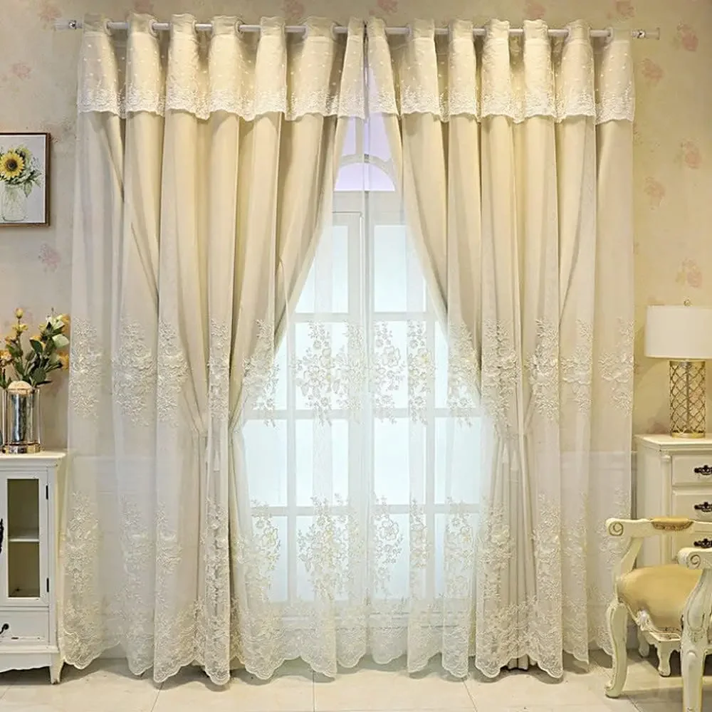 1 Panel 132cm Width European Double Layer Curtain Luxury Flower Embroidered Curtain for Living Room Bedroom