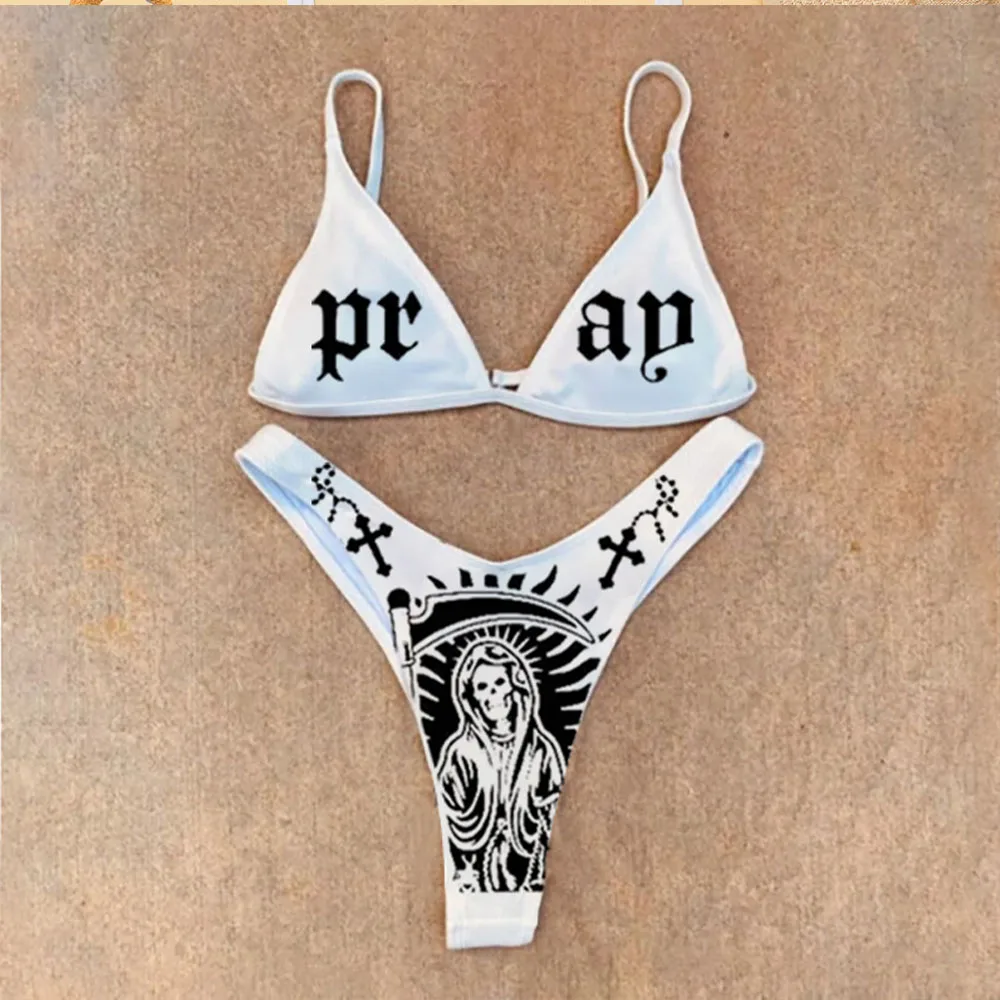 Wacky Gothic Y2K Women's Bikini Set Fashion Printed Triangle Top Swimsuit Punk Style Pool Beach Summer Women's Sexy Swimsuit