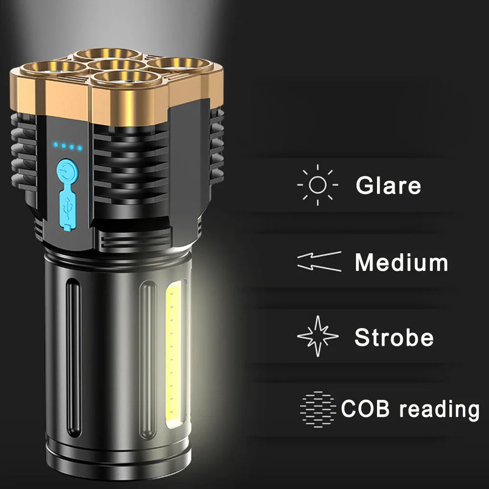 High Power 5 Led Flashlights USB Rechargeable COB Strong Powerful Torch Light Battery 18650 Waterproof Outdoor Camping Lantern