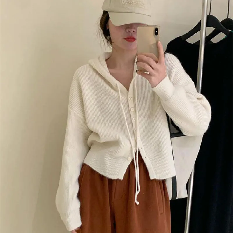 Lucyever Autumn Winter Hooded Knit Cardigans Women Casual Loose Single-Breasted Sweater Coats Woman Harajuku Wild Short Knitwear