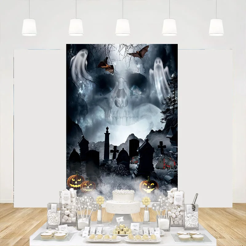 Halloween Backdrop Dark Skull Mist Background Desolate Cemetery Ghost Pumpkin Lantern Bat Dead Tree Horror Party Decoration Prop