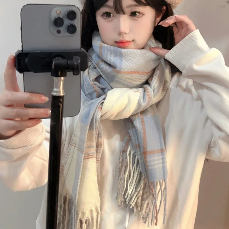 

New Women's Scarf All-Match Korean Japanese Plaid Winter Long Thickened Student Cute Online Influencer Hongkong Style Go