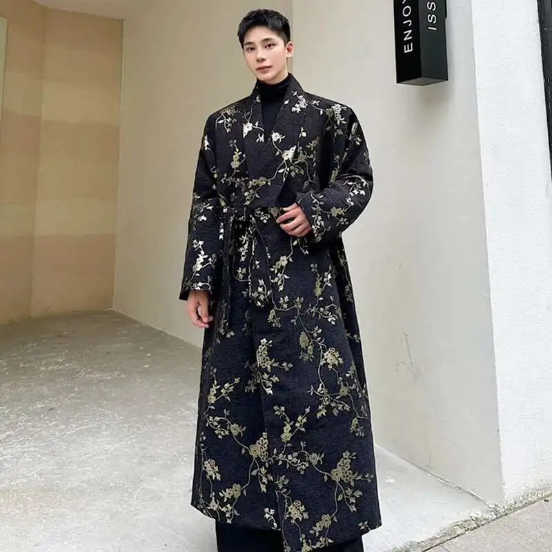 LUZHEN Long Lace Up Decorate Trench Coat Chinese Floral Pattern Elegant Trendy Men Trench Outerwear Winter Autumn Tops LZ7106