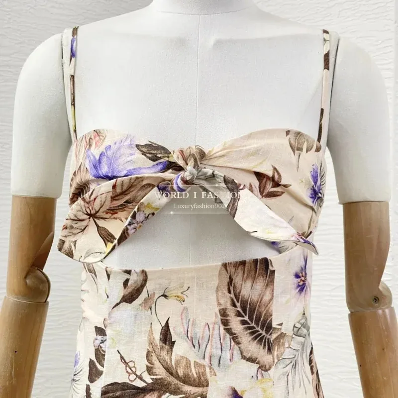 Holiday Beach Style Series Pure Linen 2025 Strapless Floral Print Cut Out Mermaid Women Spaghetti Midi Dress