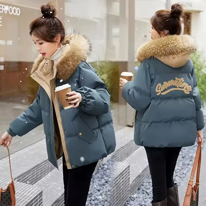 Winter Women's Big Fur Collar Down Cotton-padded Jacket Fashion Loose Hooded Short Outerwear Thicken Warm Parkas Female 4