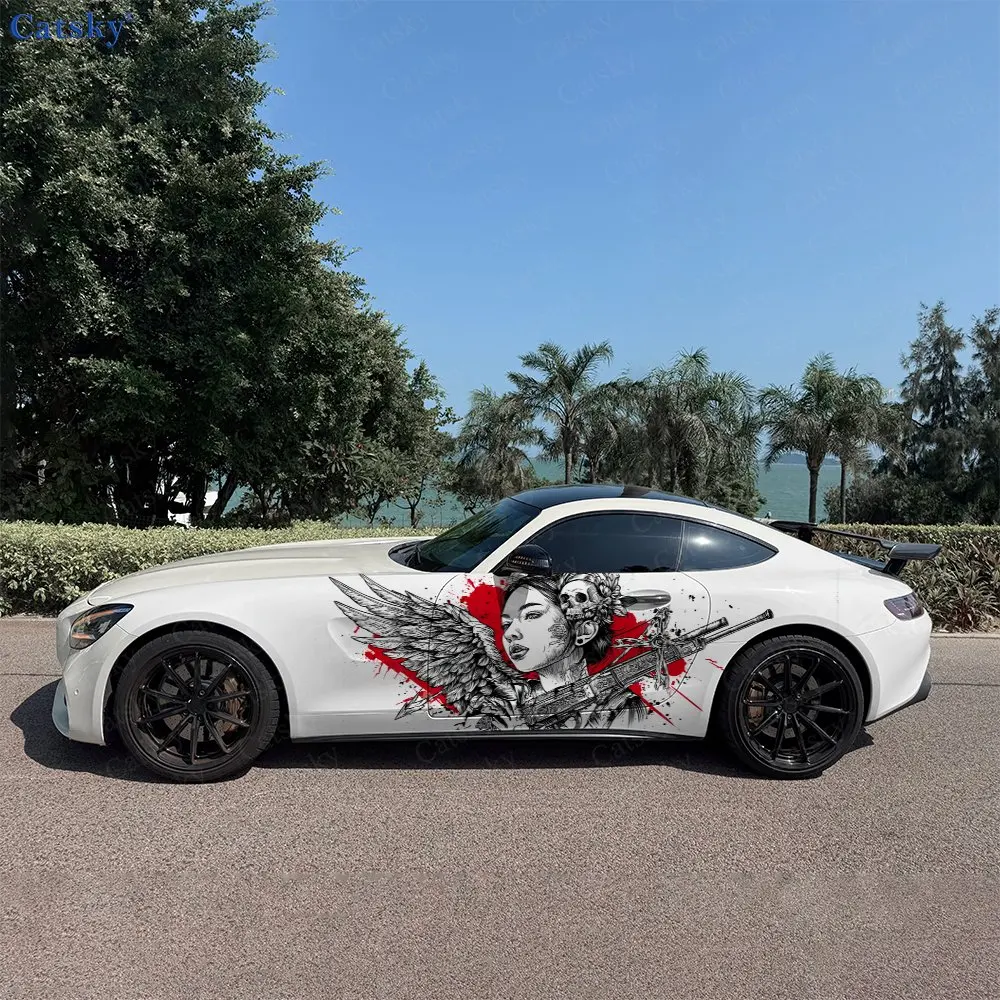 2pcs Dark Ink Splatter Angel Gunwoman Car Side Wraps, Self-Adhesive PVC Waterproof & Scratch-Resistant Stickers, Car Accessory