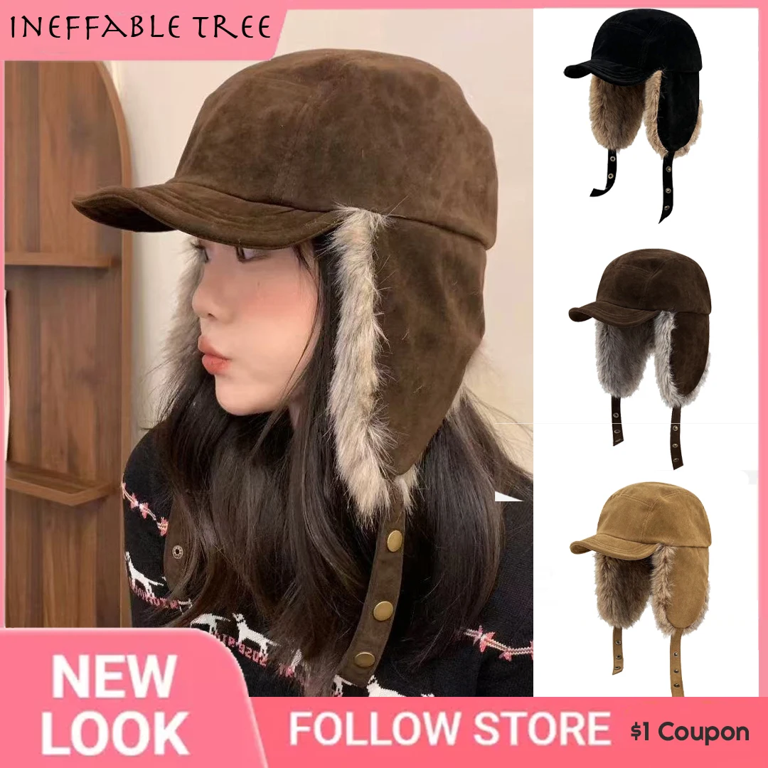 INS Winter Warm Plush Lining Russian Ushanka Bomber Hats for Women Thicken Ear Protection Skiing Men Windproof Pilot Cap Gorras