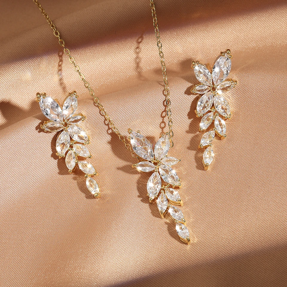 ZAKOL Classic AAA Zircon Leaf Tassel Earring Necklace Set
