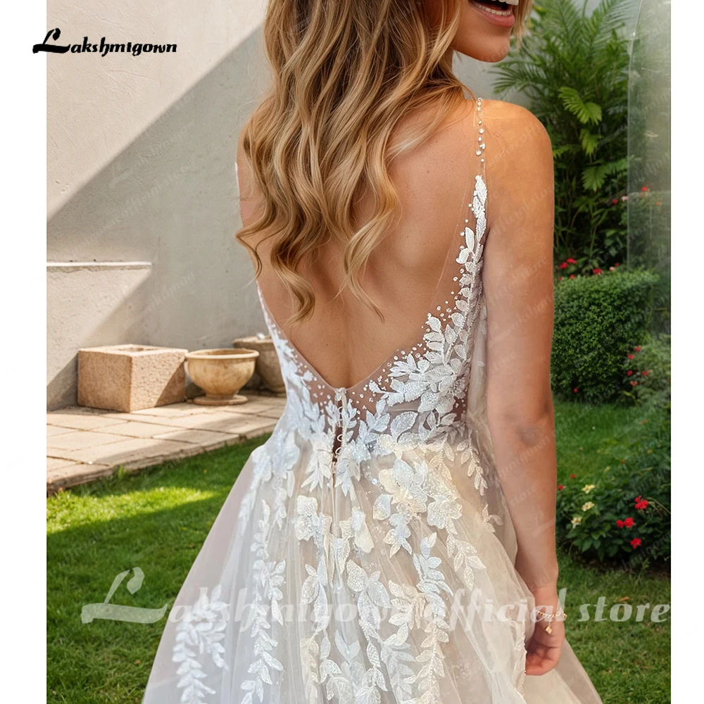 Sexy A-Line Backless Wedding Dress Customized Lace Applique Beaded Off White  Tulle Wedding Gowns Trouwjurk Long Bridal Dress - AliExpress