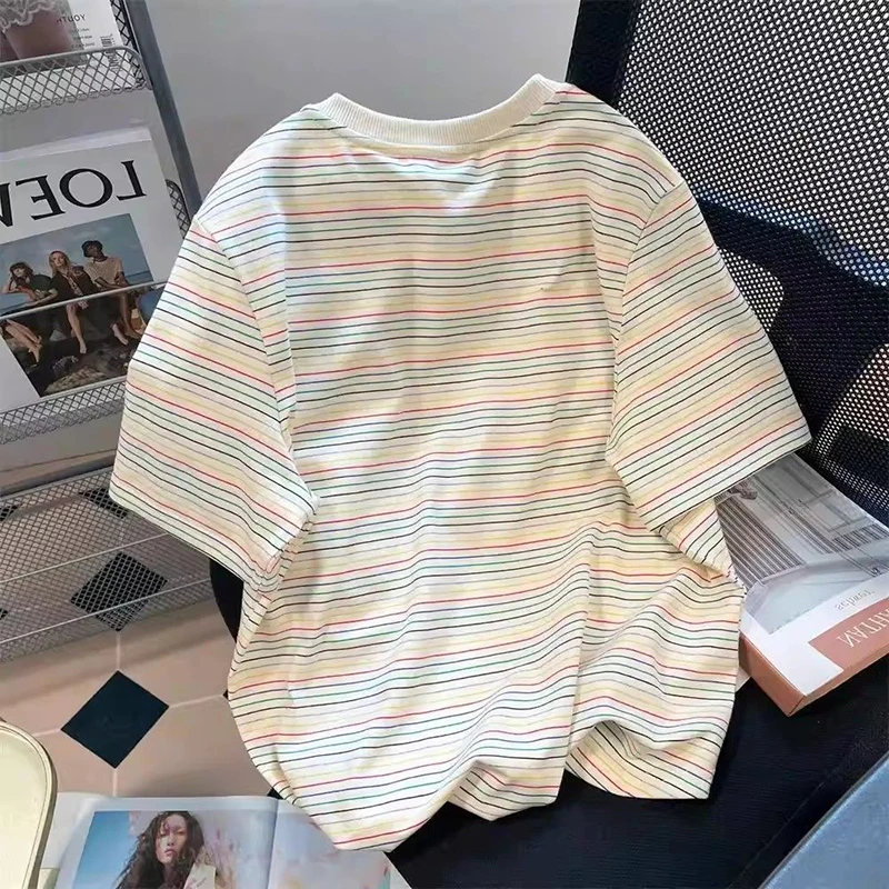 Women Plus Size Up To 150kg Retro Color Striped Straight Shoulder T-shirt Unisex Lazy Loose Pocket Short Sleeve Casual Top 2026
