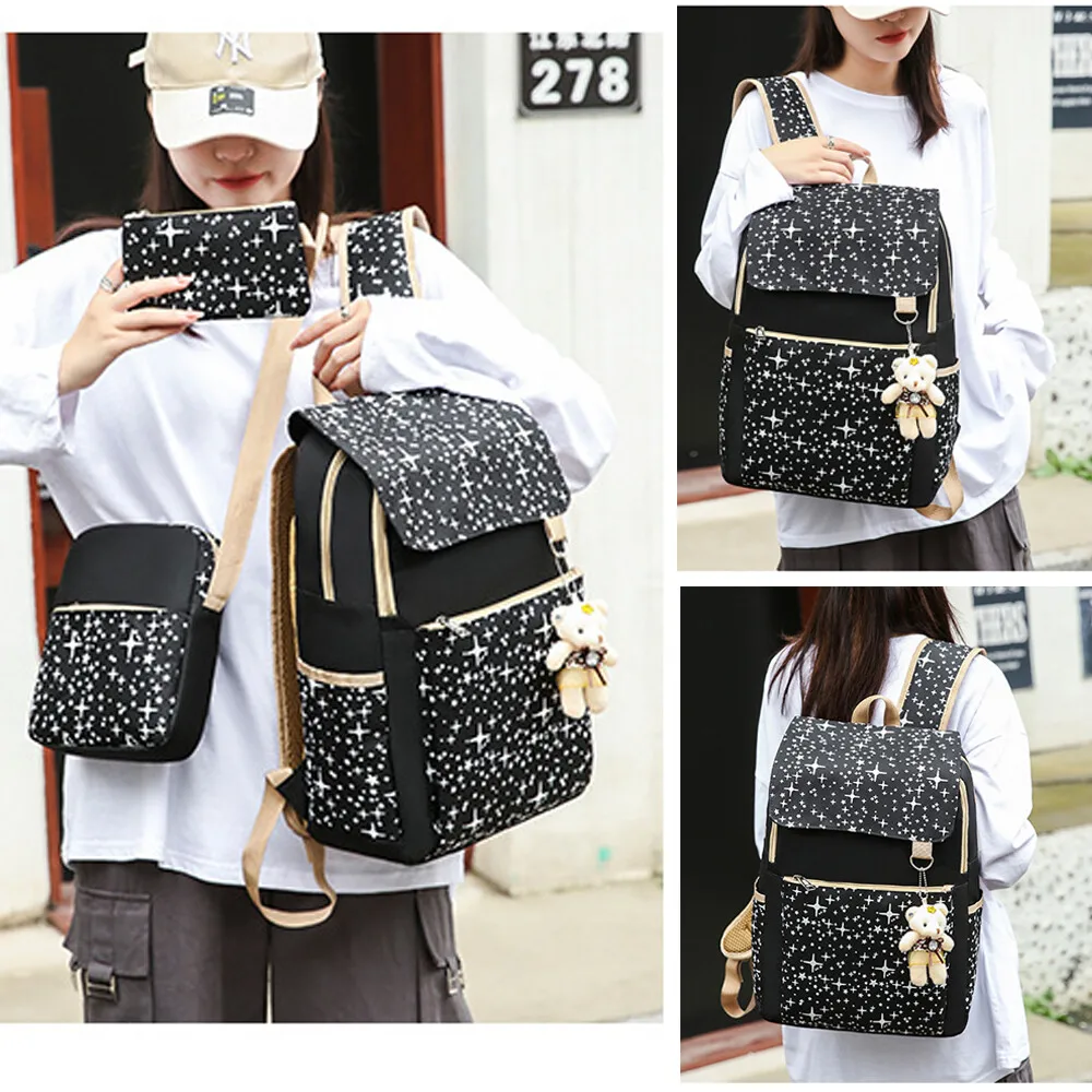 여학생용 스쿨 백팩 세트, 크로스백, 필통, 지갑, 곰 펜던트가 달린 귀여운 스쿨 백, 십대 소녀들을 위한 책가방 토트백