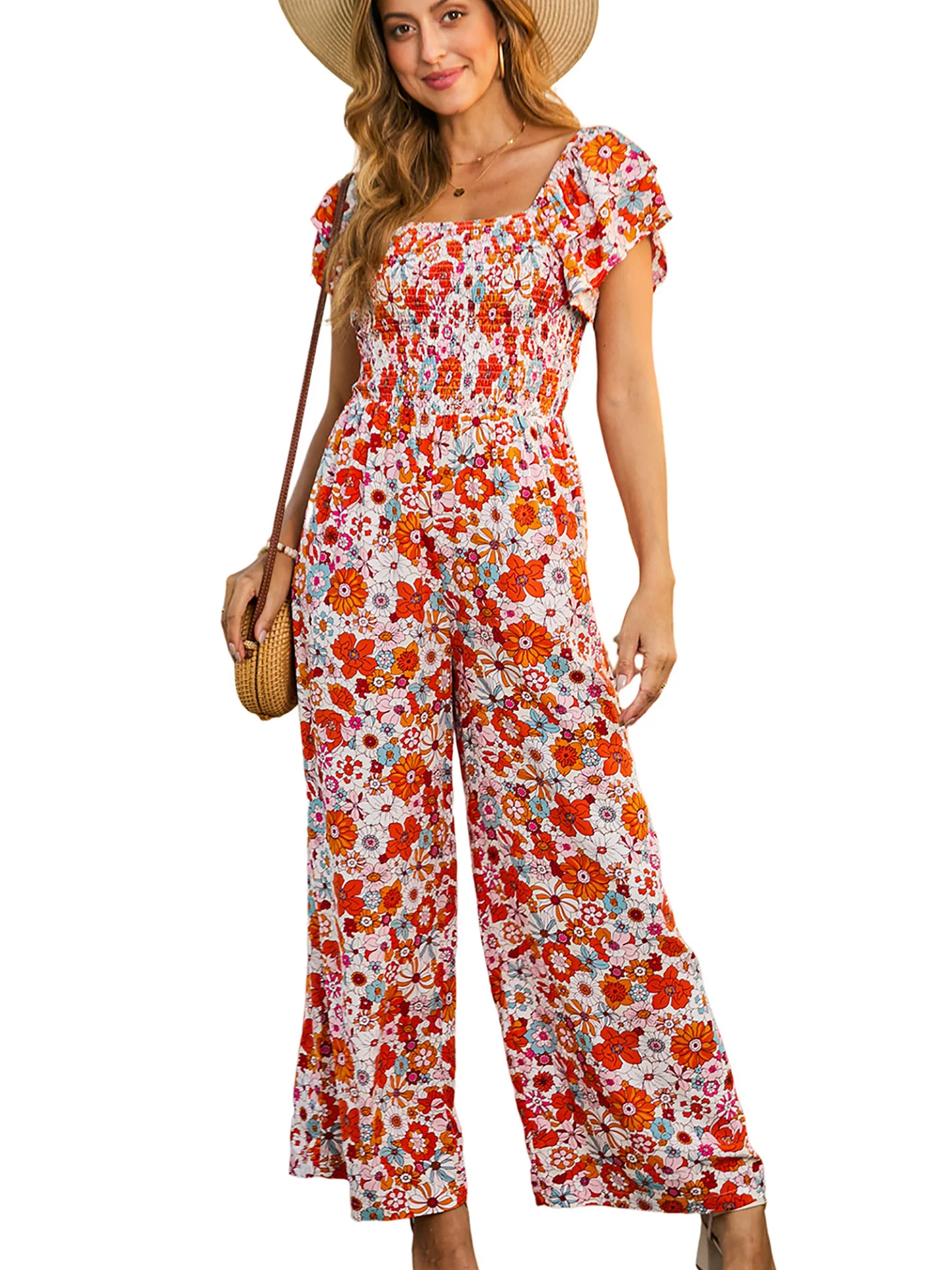 DearLover Kombinezon damski z kwiatowym wzorem, z wysokim stanem i szerokimi nogawkami, letni, nowy model 2025, kolorowy wzór Blo.