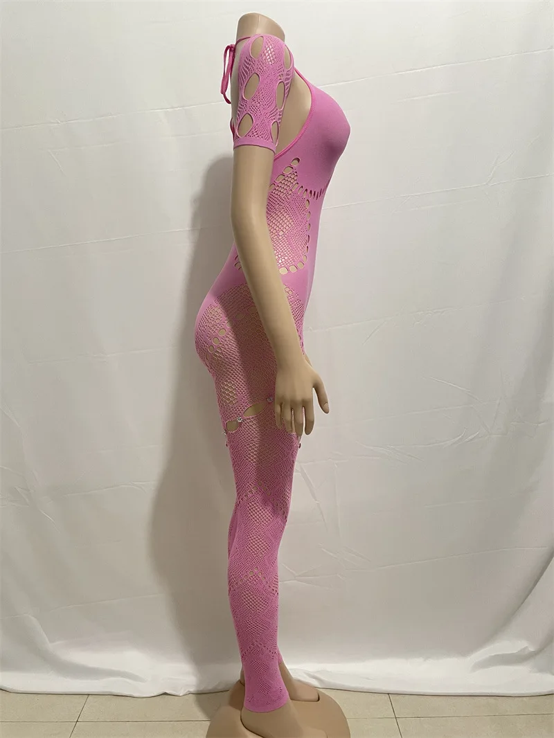 Diamonds Thick Jacquard Knitted Jumpsuit Women Sexy Hollow Out Short Sleeve Lace Up Backless High Stretch Slim Clubwear Overalls