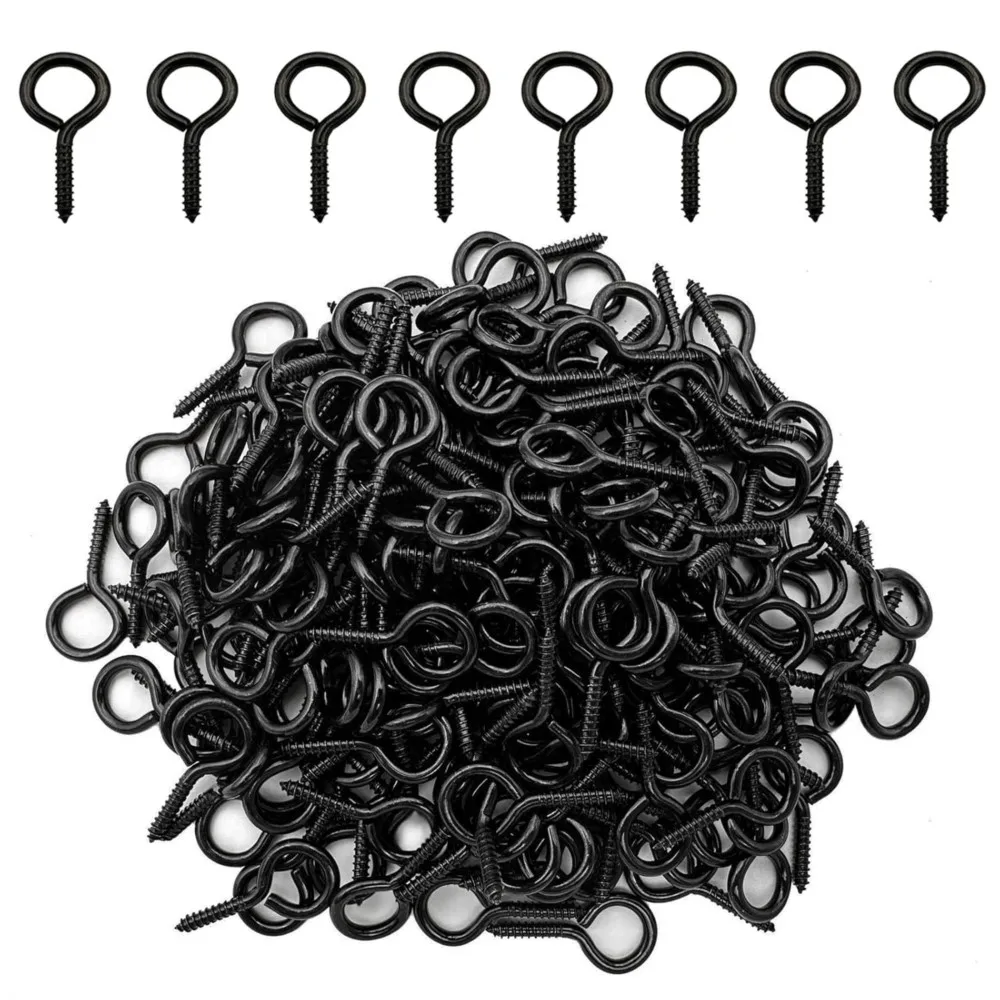 200Pcs Black Metal Mini Screw Sheep Eye Pins Hooks DIY Jewelry Making Self-tapping Hook Screws Indoor Outdoor Hanging Artwork