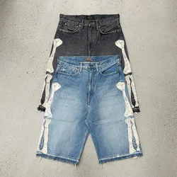 Streetwear New Fashion Bone Embroidery Baggy Denim Shorts Women Y2K Harajuku Vintage Hip Hop Pop Gothic Casual High Waist Shorts