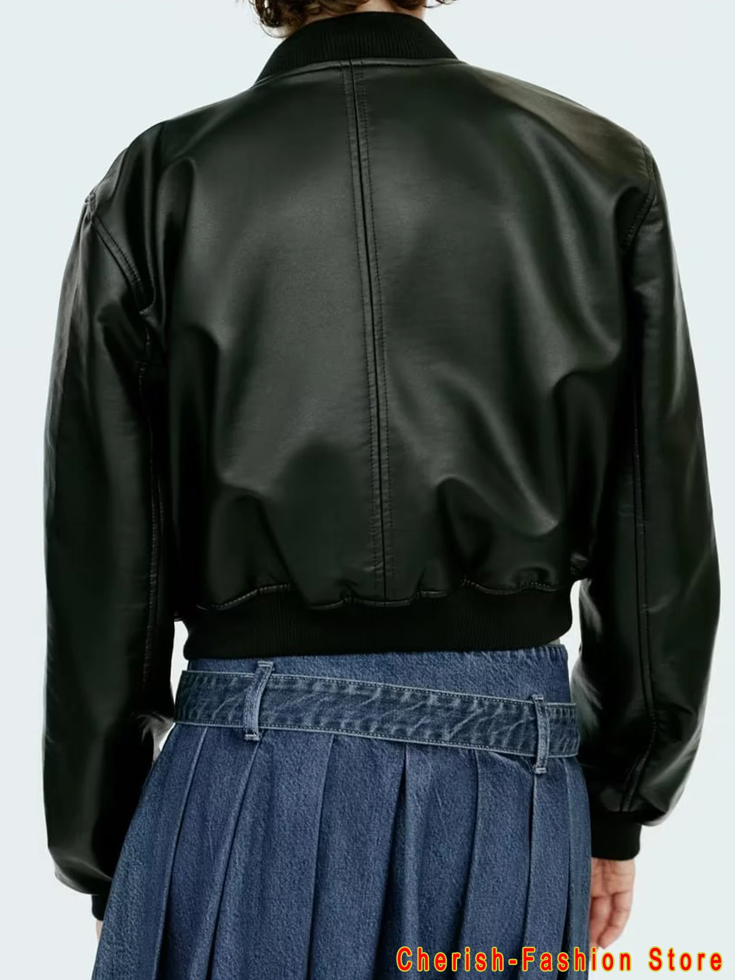 Mantel jaket Bomber crop kulit imitasi wanita, mantel Vintage lengan panjang ritsleting depan, pakaian luar Chic